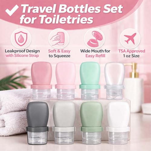 1 oz Travel Bottles, Leakproof Silicone Squeeze Bottle Mini Travel Size Container for Toiletries Lotion Shampoo and Conditioner Liquid Salad Dressing to go Condiment, TSA Approved, 4 Pack - color: Pink, Green, Clear, size: 1 oz