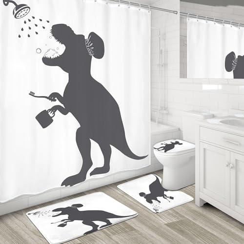 4PCS Kids Dinosaur 71Wx71H Inches Funny Animal Dino Silhouette Shadow Shower Curtain Sets with Rugs, Toilet Lid Cover and Bath Mat, Cute Bath Accessories Art Home Decor Fabric 12 Pack Hooks - color: A2-dinosaur