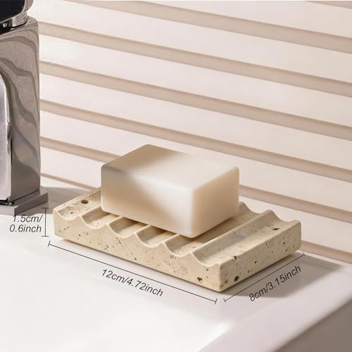 Natural Marble Soap Dish for Shower Stone Tray Small Bar Soap Holder with Self Draining | Non-Slip, Luxury Bath Room Accessories, Sponge Dish Scrubbers Tray for Kitchen Sink Counter Top (Travertine)