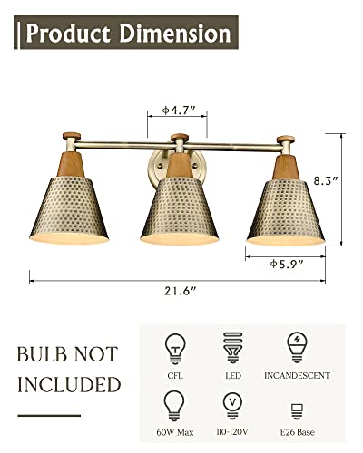 FEMILA Antique Gold Bathroom Vanity Light, 3-Lights Industrial Modern Wall Sconce Bathroom Lighting, Hammered Metal Shade Finish, 4FG59B-3W BG - color: Gold, size: 22"
