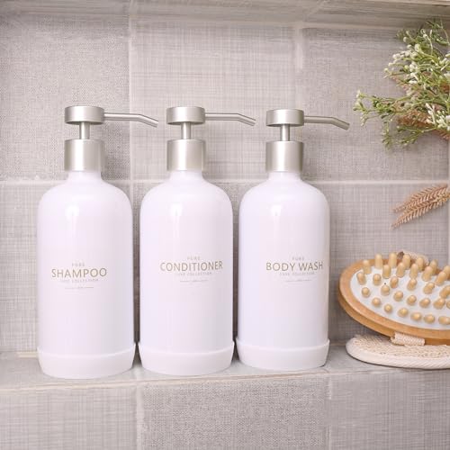 Shampoo and Conditioner Dispenser Set of 3,Refillable 21oz Shampoo Bottles with Non-Slip Protective Silicone Pad,Shower Soap Dispenser with Waterproof Labels for Bathroom (White) - color: White Bottles + Silver Pumps