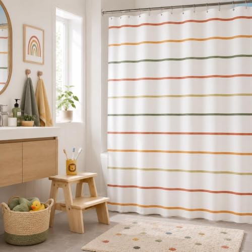 Kids Bathroom Shower Curtain, Colorful Hand-Drawn Stripe Design, 72 x 72 | Modern Gender-Neutral Design, Includes 12 Hooks, Waterproof Fabric, Brighten Kids Bathroom, Easy to Match Decor - color: Colorful