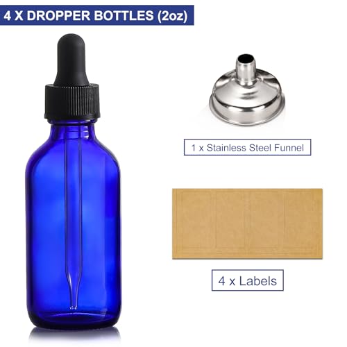 AOZITA 4 Pack, 2 oz Dropper Bottles with 1 Funnel & 4 Labels - 60ml Thick Dark Blue Glass Tincture Bottles with Eye Droppers - Leakproof Essential Oils Bottle for Health, Personal Care & Beauty - color: Blue
