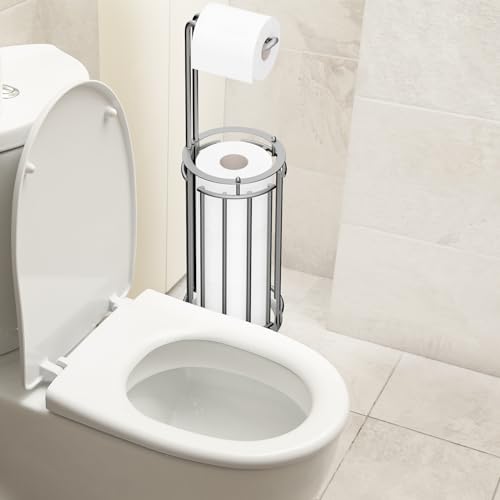 Meangood Toilet Paper Holder Stand and Tissue Paper Roll Dispenser for 4 Mega Rolls, Bathroom Free Standing Tissue Roll Storage Holder Rack, Detachable (Matte Silver) - color: Matte Silver