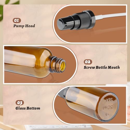 12 Pcs Amber Glass Pump Bottle Refillable Lotion Foundation Container Cosmetic Dispenser with Press Pump for Essence Lotion Travel - 50ml/1.7oz - size: 50 ml