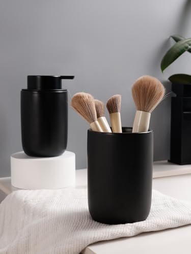 Bosilunlife Soap Dispenser and Toothbrush Holder Set - Dish Hand Soap Dispenser Bathroom Set Ceramic Bathroom Counter Soap Toothbrush Holder Set Black Bathroom Accessories Set - color: Black-cylinder Liquid Pump & Toothbrush Holder