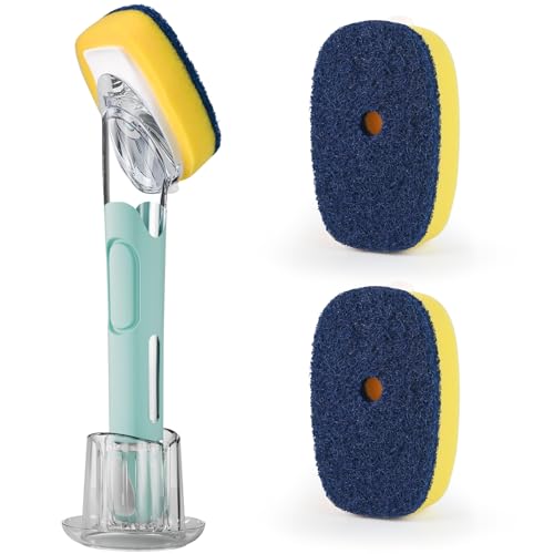 Dish Brush with Soap Dispenser Storage Set with 2 PCS Sponge Refills & Holder, Soap Dispensing Dish Brushes, Sponge with Soap Dispenser Handle, Dish Sponges with Handle for Dishes Pans Pots Sink - color: Blue