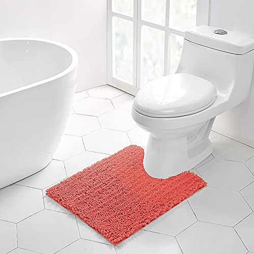 Walensee Bathroom Contour Rug Non Slip Toilet U Shaped Bath Mat (20x24, Coral) Water Absorbent Super Soft Shaggy Chenille Machine Washable Dry Extra Thick Perfect Absorbant Best Plush Carpet - color: Coral, size: 20"x24" Contour Rug