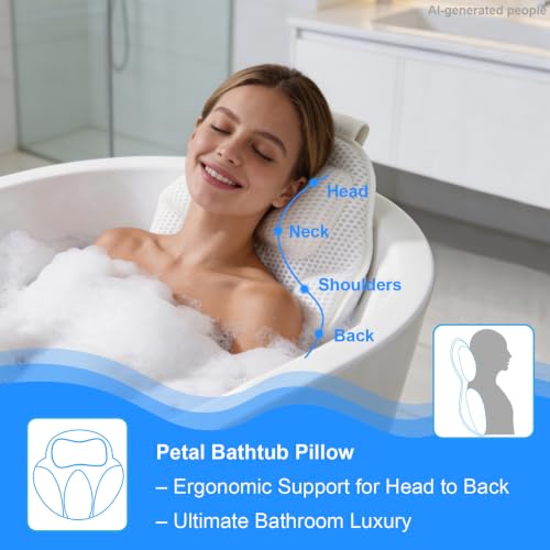 Extra Thick Petal-Shaped Bath Pillow for Head, Neck and Backrest, Extra Thick, Polyester, White, Anti-Slip Suction Cups, Washable, Luxury Spa Bathroom Accessories (Standard Store Size) - size: Standard store size