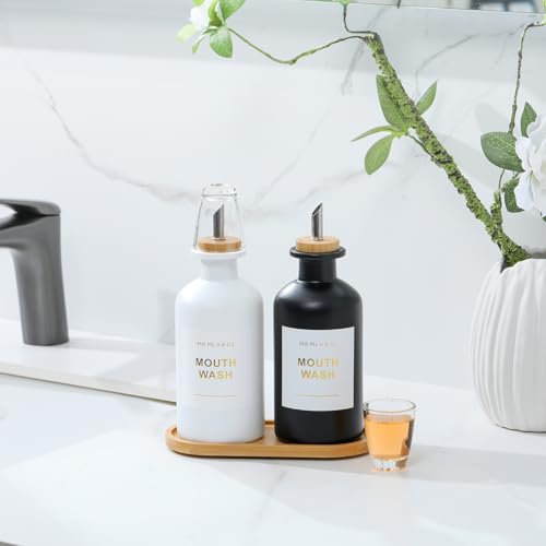 11.8OZ Mouthwash Dispenser for Bathroom with Bamboo & Stainless Steel Pour Spout, Mouthwash Cups Reusable, Bamboo Tray, and Elegant Gold Label. Set of 2（Black/White - color: Black/White/350*2
