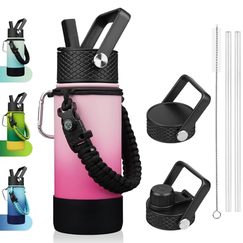 BJPKPK Water Bottle with Straw Lid, 18oz Insulated Water Bottles with 3 Lids, Paracord Handle & Non-slip Boot, Metal Stainless Steel Thermal Flasks, BPA Free Leak Proof Cups, Tumblers,Cherry - color: Cherry, size: 18 Ounces