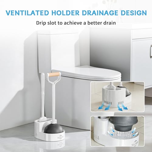 Sellemer Toilet Brush and Plunger Set, Curved Head for Deep Cleaning, White | Brush and Plunger set, Curved Nylon Bristles for Deep Clean, Strong Suction Plunger, Ventilated Holder for Quickly Air Dry - color: White
