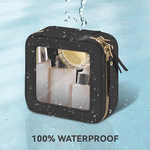 Prite Mini Clear Makeup Bag for Purse Cute Small Travel Cosmetic Bag for Women Waterproof Toiletry Bag Leather Makeup Pouch with Gold Zipper(Black) - color: Black, size: Mini - Single Layer