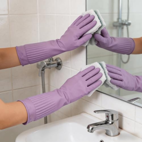 Long Rubber Waterproof Latex Household Cleaning 18inch Gloves Red Long Sleeved Heavy-duty Reusable 2Pair - color: Purple, size: Medium