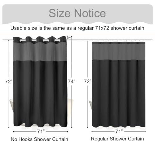 No Hook Shower Curtain and Liner Set for Bathroom, Black, 71" x 74" | with Snap in Liner Replacement, Mesh Top Window, Quick-Drying, Waterproof, Machine Washable, 3 in 1, Ringless, Anti-Wrinkle - color: Black, size: 71"W x 74"L (Pack of 1)