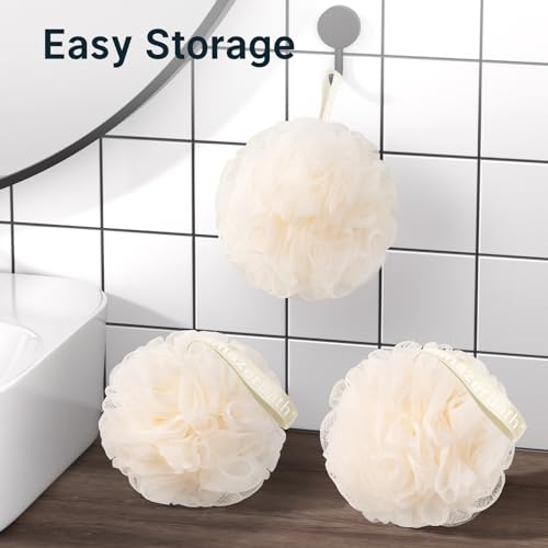 AmazerBath Loofah Sponge, Shower Loofah 60g/PCS - Body Scrubber Loofa Set of 3 Cream Color, Bath Sponge for Men and Women - style: Cream