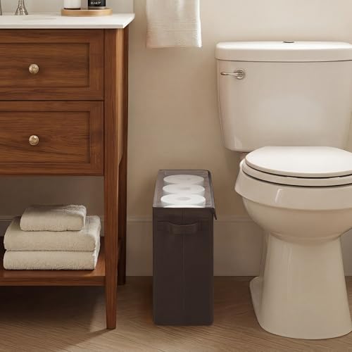 Cupic Cupid Toilet Paper Storage Baskets, Bathroom Toilet Paper Storage with Lid, Holds 12 Regular or 9 Mega Rolls, Slim Toilet Tissue Holder Basket with Clear PVC Lid and Handles, Brown - color: Brown