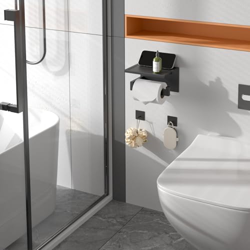 HITSLAM Matte Black Toilet Paper Holder with Shelf & 4 Towl Sticky Hooks, Self-Adhesive or Screw Mount Toilet Paper Roll Tissue Holder, SUS 304 Stainless Steel, Rustproof for RV& Bathroom Home - color: Black + 4 Hooks, size: Medium