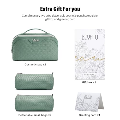 BOYATU Travel Makeup Bag Cosmetic Bags for Women: Large Capacity 3 Pcs Set Make up Bag with Compartments - Waterproof Vegan Leather Toiletry Organizer Bags with Handle (L10 Grass Green) - color: L10 Grass Green