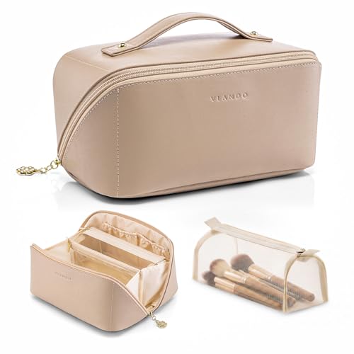 VLANDO Makeup Bag,Travel Toiletry Bag,Cosmetic Bag for Women PU Leather Portable Make up Bag for Skincare, Brushes & Travel Essentials-Toffee - color: 01.Toffee