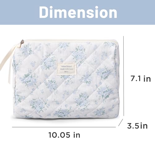 Sminra Makeup Bag Large Travel Quilted Cosmetic Makeup Bag Organizer, Floral Cotton Coquette Aesthetic Toiletry Bag for Women Girls (Blue Romantic Rose) - color: Blue Romantic Rose