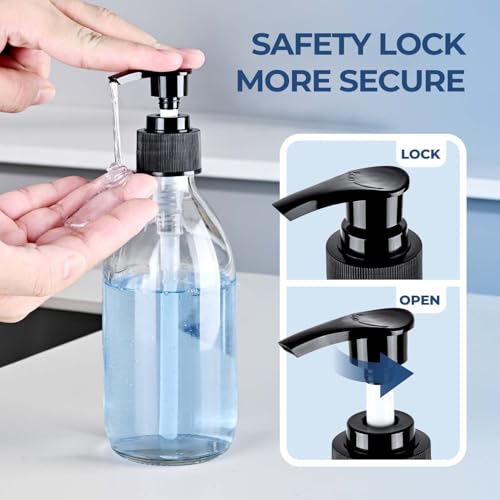 8 oz Clear Glass Pump Bottle, 250ml Small Lotion Dispenser Bottle for Body Massage Oil, Refillable Empty Hand and Dish Soap Dispensers Set with Storage Caps, Labels - 2 Pack - color: Clear