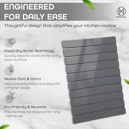 Stone Dish Drying Mat 24" x 16" – Dish Drying Stone Mat – Large Diatomaceous Earth Drying Mat with Non-Slip Base – Quick Dry Kitchen Drying Pad for Dishes, Glassware & Bottles (Solid Dark Grey) - color: Solid Dark Grey