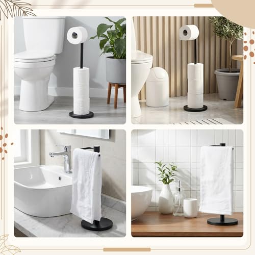 LemonRoad 2 Pack Freestanding Toilet Paper Holder & Hand Towel Stand Heavy Duty Stainless Steel Stable Weighted Base countertop Towel Holder 4 Spare Rolls Modern Bathroom Countertop Organizer Black