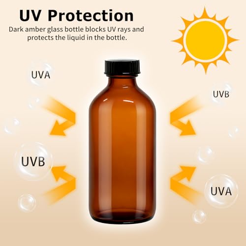 24 Pack 8 oz Amber Glass Boston Round Bottles with Phenolic Polycone Caps – Airtight, Leak-Proof Bottles for Vanilla Extract, Kombucha Brewing, Essential Oils, and Homemade Solutions - size: 8 ounces