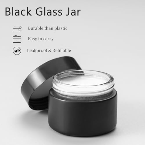 OverNews 4PCS 2oz Glass Jar Travel Size, Empty Cosmetic Lotion Container with Black Lid & Spatula, Small Mini Jar for Beauty (Black) - color: Black, size: 4