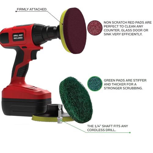 4 Inch Drill Powered Brush Tile Scrubber Scouring Pads,6 Scrubbing Pads with 4 Inch Pad Holder,1Quick Change Hex Shaft for Kitchen Bathroom Grout Tub Grill Cleans Large Flat Areas