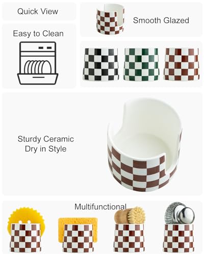 Checkered Sponge Holder for Kitchen Sink, Ceramic Dish Sponge Drying Caddy Scrubby Holder Kitchen Organizer Cute Dish Rack for Sink Counter, Brown and White - color: Brown and White, size: Cylindrical