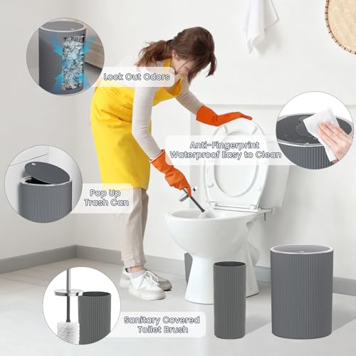Grey Bathroom Accessories Set - Bathroom Sets, 25PC Bath Accessory Set, Bathroom Sets with Push Top Trash Can, Shower Curtain and Rugs, Toilet Brush, Trash Can & Soap Dispenser - color: Gray & Silver, size: 25-Piece Set (Accessories + Shower Curtain + Rug