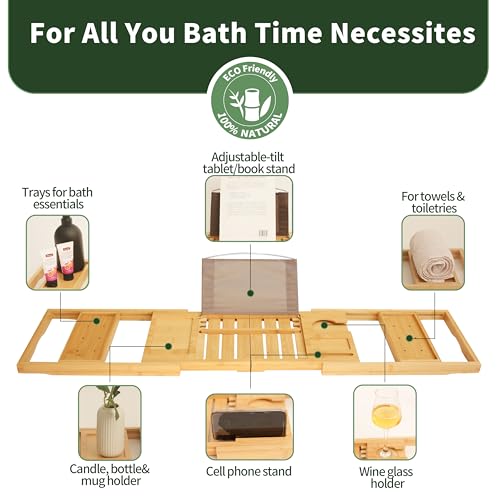 Premium Bamboo Luxury Foldable Bathtub Tray - Natural Bamboo Bath Tray for Tub, Bamboo Bathtub Shelf, Expandable Bath Table Trays, Bathtub & Bathroom Accessories for New Home & Great Gifts