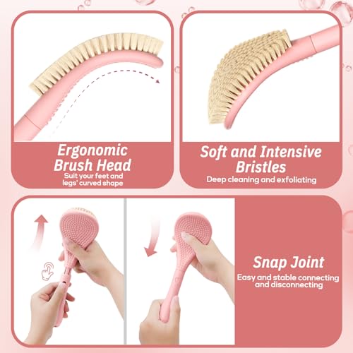 Foot Brush & Back Scrubber Set, 27.5'' Adjustable Foot Scrubber for Shower, 18.9'' Shower Back Scrubber with 3-Length Usage, Great Aid for People with Limited Mobility(Pink Set) - color: Pink Set