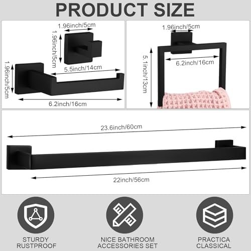 Gisafai 10 Pcs Black Bathroom Hardware Accessories Set 23.6 Inch Bath Towel Bar Kit Stainless Steel Bathroom Hardware Set Towel Racks Ring Robe Hooks Paper Holder for Wall Mounted - color: Black
