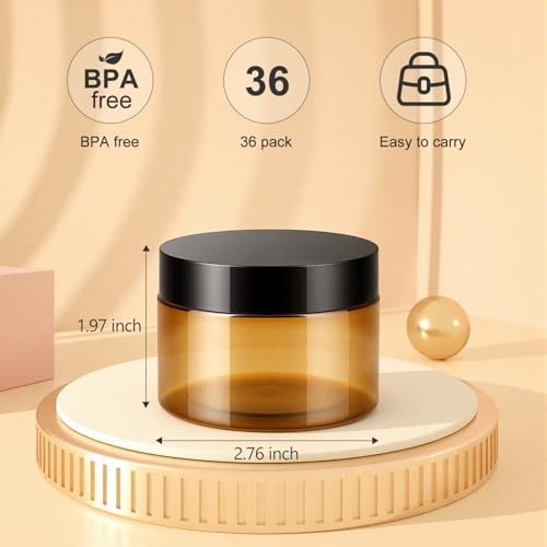 Loretoy 36 Pack 4 OZ Plastic Jars with Lids, BPA Free, Reusable, Refillable Transparent Cosmetic Containers for Bath Salts, Cosmetics, Powders, Beauty Product and Small Accessories, Brown - color: Brown, size: 4 Ounce