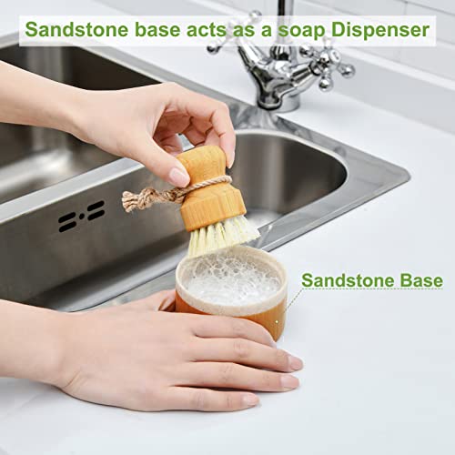 SUBEKYU Bamboo Dish Brush Set with Soap Holder, Wooden Dish Scrubber with Soap Dispenser, Natural Kitchen Scrub Brush, Washing Pot/Pans/Cast Iron, 2 Pack, Sisal Bristles - color: Sandstone Base + 2p Sisal Brushes, size: Regular size