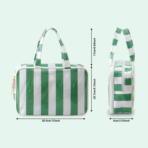 Travel Toiletry Bag for Women, Waterproof Clear Coated Portable Stripe Makeup Cosmetic Bag with Compartment, Travel Organizer for Shampoo, Conditioner, Brushes Set,Cosmetic Accessories(White-Green) - color: White-Green