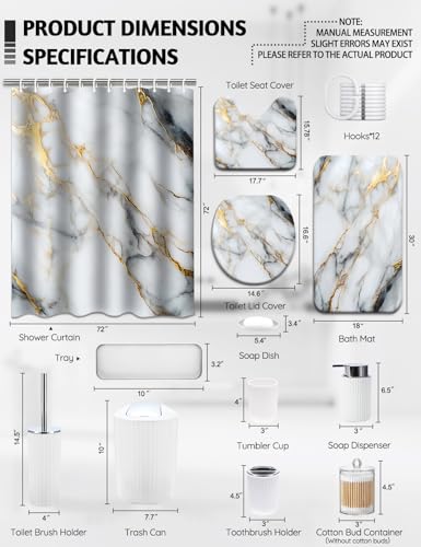 Lnond Marble Bathroom Set, 24 Piece White Gold Bathroom Decor Set with with Shower Curtain and Rugs, Trash Can, Toilet Brush Holder Set & Soap Dispenser