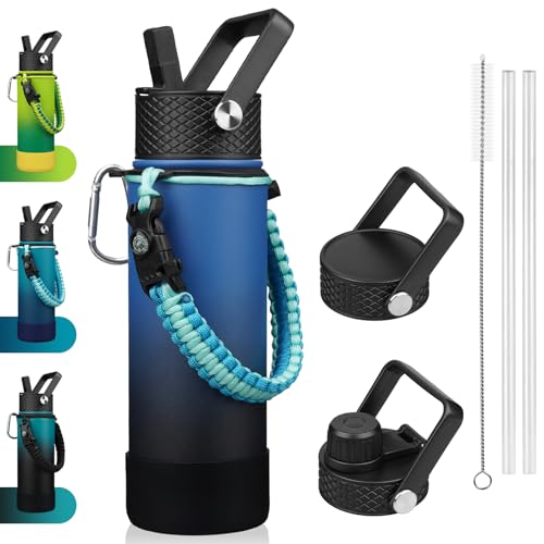 BJPKPK Insulated Water Bottle with Straw Lid, 22oz Thermal Flasks Water Bottles with 3 Lids, Paracord Handle & Non-slip Boot, BPA Free Leak Proof Stainless Steel Tumblers,Blue Black - color: Blue/Black, size: 22 Ounces