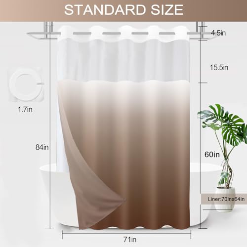 Extra Long No Hook Shower Curtain with Snap in Liner, Ombre Brown Shower Curtains and Liner Set, Hotel Fabric Bath Curtain for Bathroom, Mesh Top Window Waterproof Washable, 71" x 84" - color: Ombre Brown, size: 71"W x 84"L (Pack of 1)