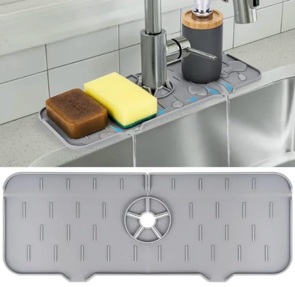 Kitchen Faucet Sink S0plash Guard, Silicone Faucet Water Catcher Mat, Sink Draining Pad Behind Faucet, Rubber Drying Mat For Kitchen & Bathroom Countertop Protect (Black)