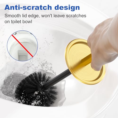 Toilet Brush and Holder Set：304 Stainless Steel Heavy Duty Toilet Bowl Brush，Removable Inner Bowl and Splash Protection，Bathroom Toilet Brush-Dense Bristles for Through Cleaning - color: Gold