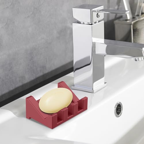 Silicone Soap Dish,1PCS Self Draining Bar Soap Holder,Brown Red | Self draining silicone soap dish with drainage,waterfall design keeps bar soap dry,extended soap holder for shower,bathroom - color: 1*ruby Red