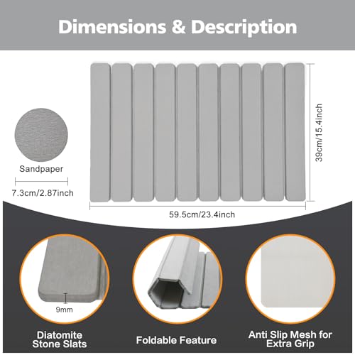Foldable Stone Bath Mat, Diatomaceous Earth Bath Mat, Non-Slip Super Absorbent Quick Drying Bath Stone Mat, Luxury Bath mat for Bathroom Kitchen Bathtub, 23.4 * 15.4" Gray - color: Folding-gray