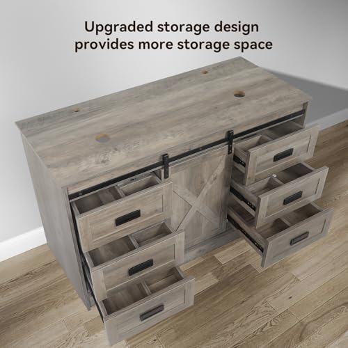48 inch Barn Door Bathroom Vanity with 6 Drawers, Farmhouse Style Standing Pedestal Cabinet with Two Black and White Ceramic Boat Sink - color: Black and White Ceramic Boat Sink, size: 48"