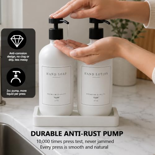 Kitchen Soap Dispenser - Hand and Dish Soap Dispenser Set, Bathroom Glass Soap and Lotion Dispenser with Pump, Tray, 14 Waterproof Labels, Set of 2 White Bottle/Black Pump-pd - color: White Bottle/Black Pump + Tray