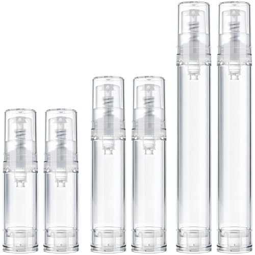 PAGOW 6pcs Clear Travel Pump Bottle, 5ml/10ml/15ml Airless Pump Bottles with Caps, Empty Refillable Cosmetic Containers Vacuum Dispenser Bottle for Lotion Makeup DIY Foundation