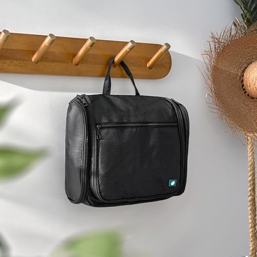 PAVILIA Large Hanging Toiletry Bag for Women Men, Travel Cosmetic Organizer with 10 Compartments, Swivel Hook and 3 Leakproof Pockets, Water Resistant Makeup Case, Packs Flat, Black - color: Black